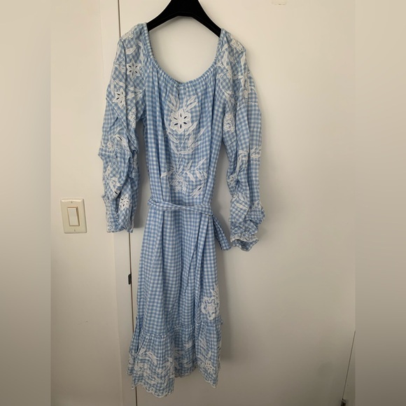 Juliet Dunn embroidered floral dress blue gingham